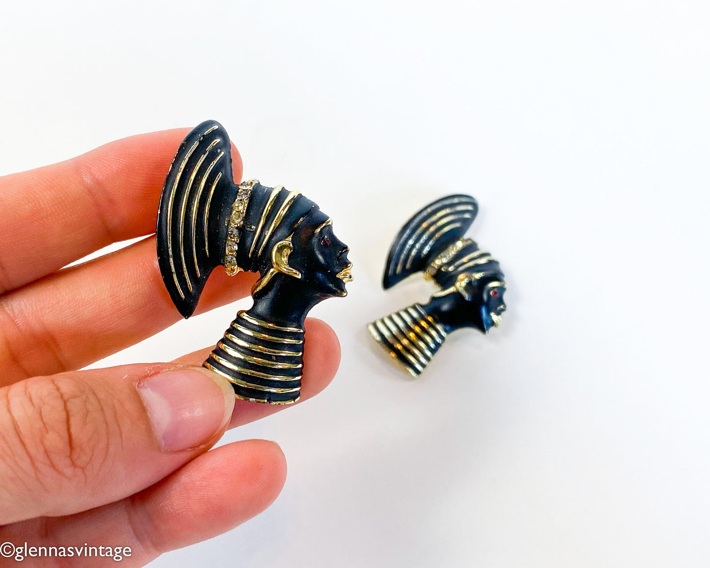 1950s Nubian Princess Brooch Set | Gold & Black Enamel Pins