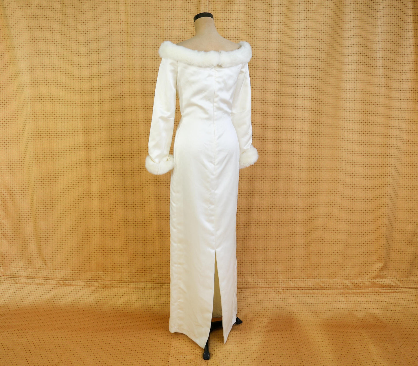 1980s Satin Wedding Dress with Faux Fur Trim, Large