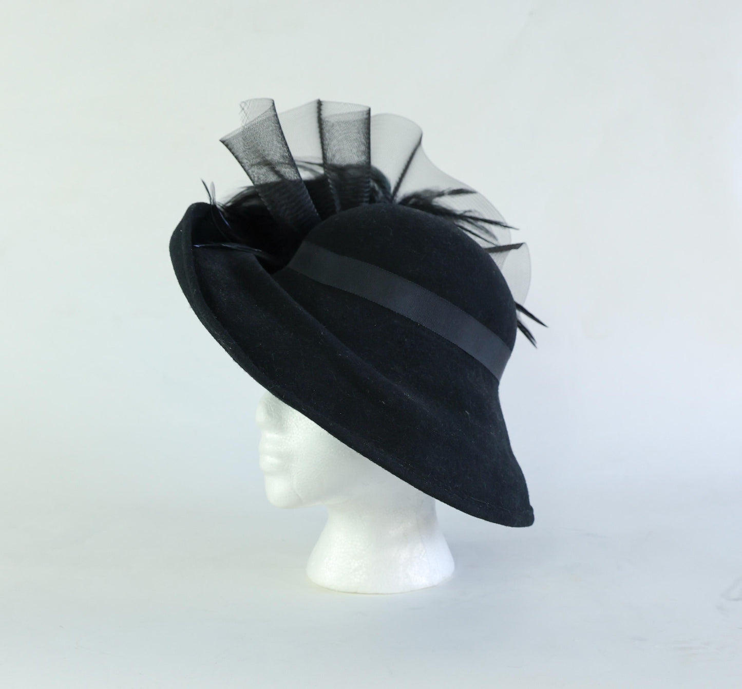 1980s Black Wide Brim Feather Hat