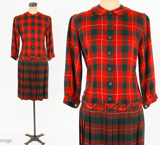1960s Red Plaid Wool Dress with Peter Pan Collar, Bobbie Brooks, Medium