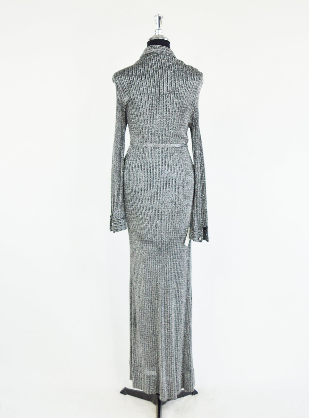 1970s Vintage Silver Knit Maxi Dress | Rhinestone Button, Tie Waist, Small