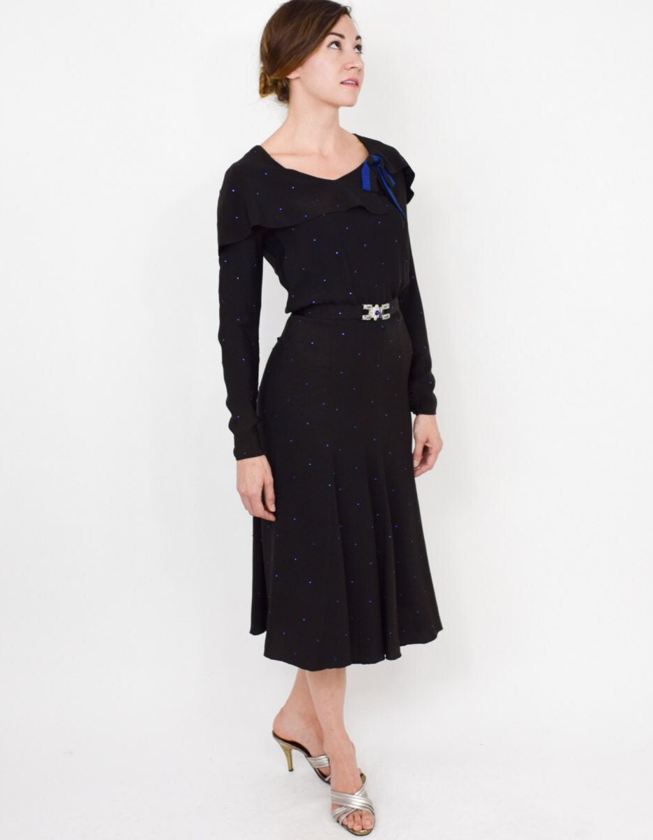 1930s Black Silk Crepe Dress with Rhinestone Collar, Small