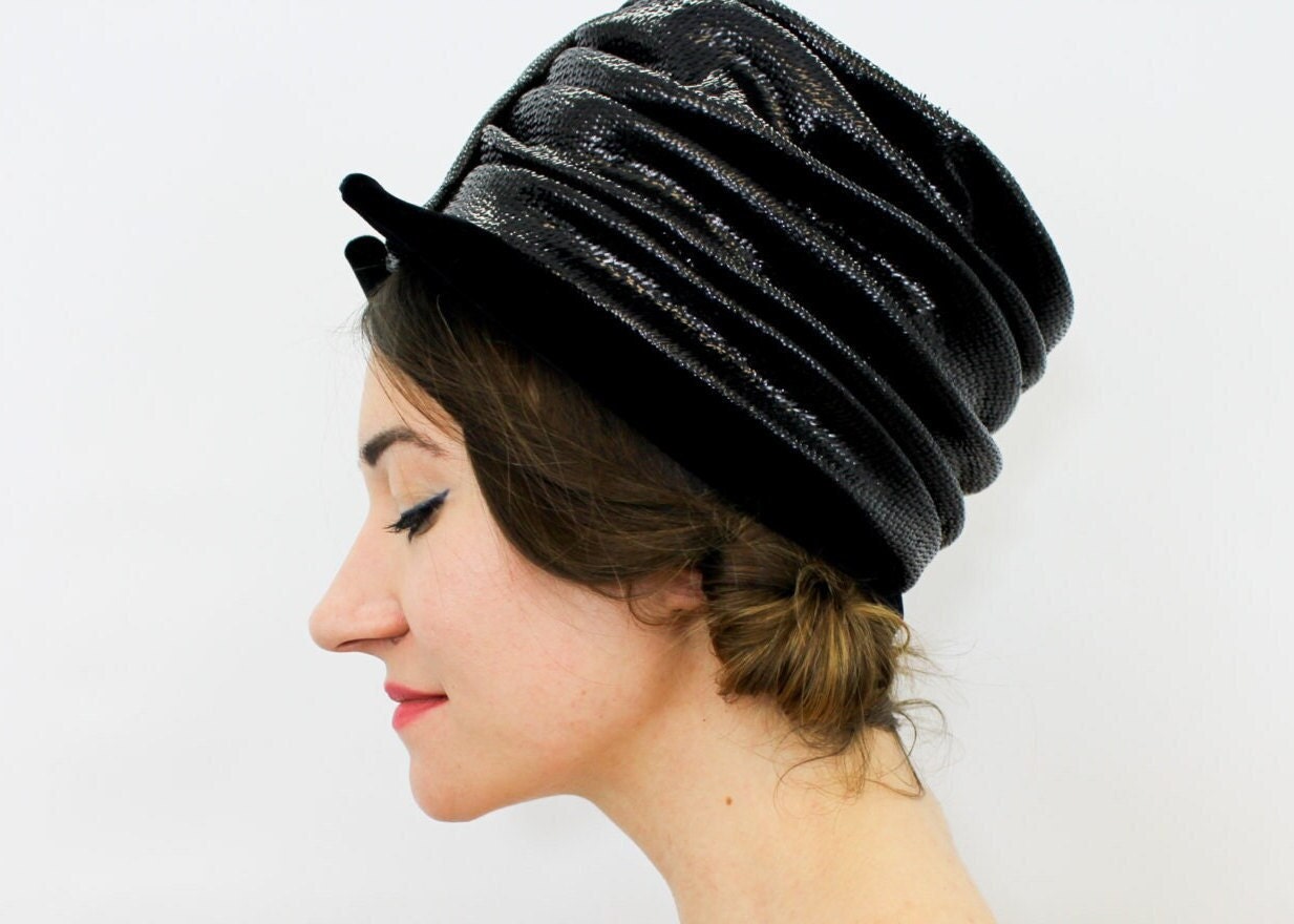 1960s Black Raffia High Crown Hat, Jackie O Style