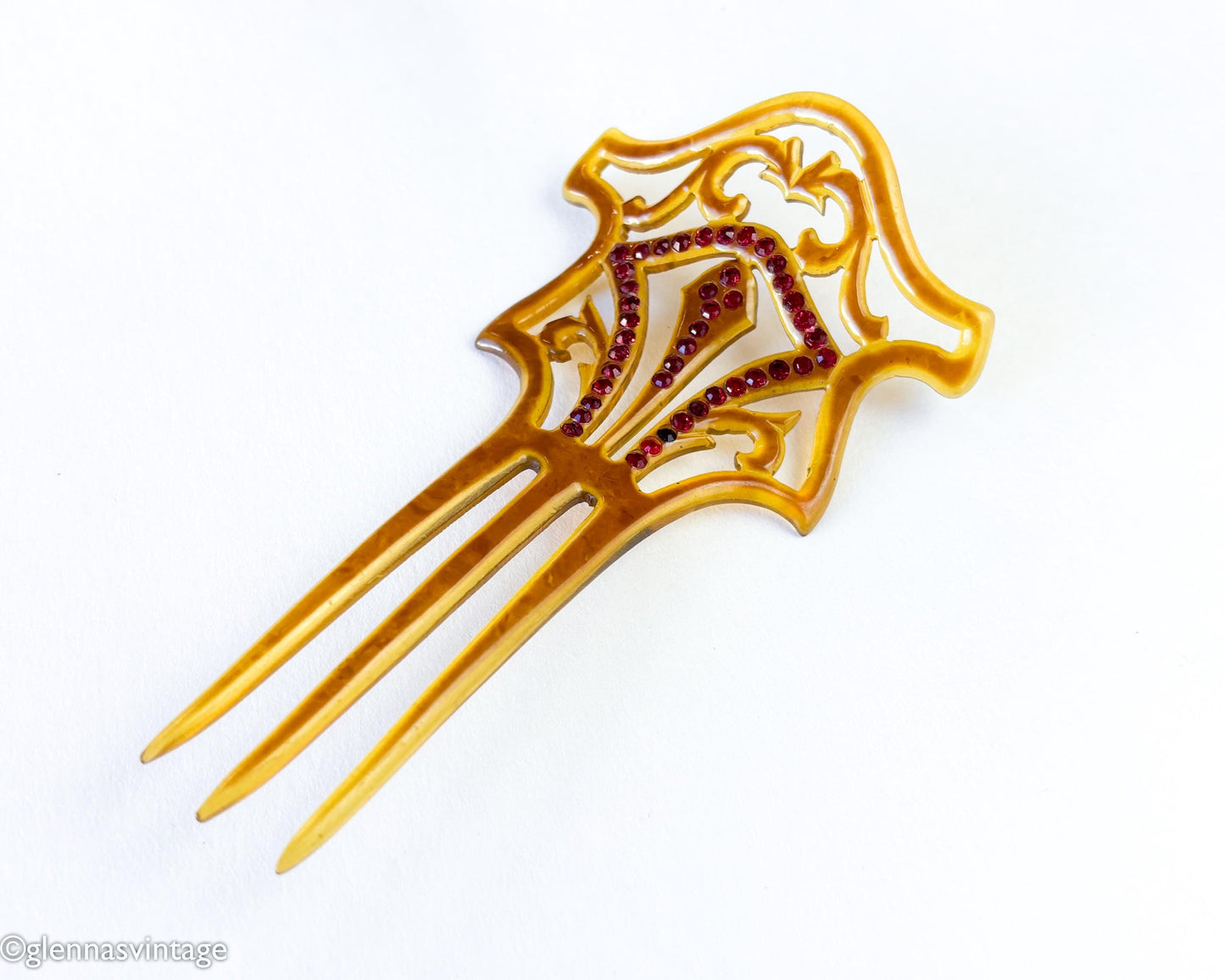 1900s Brown Celluloid Mantilla Hair Comb, Red Rhinestones