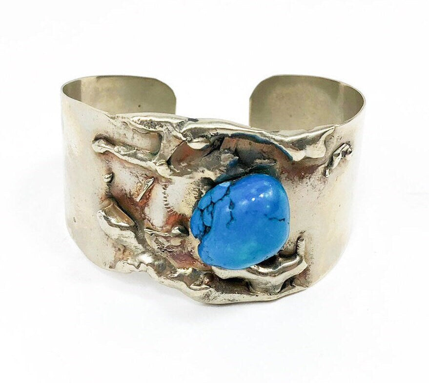 1960s Turquoise Nugget Silver Bracelet | 60s Alpaca Silver Cuff