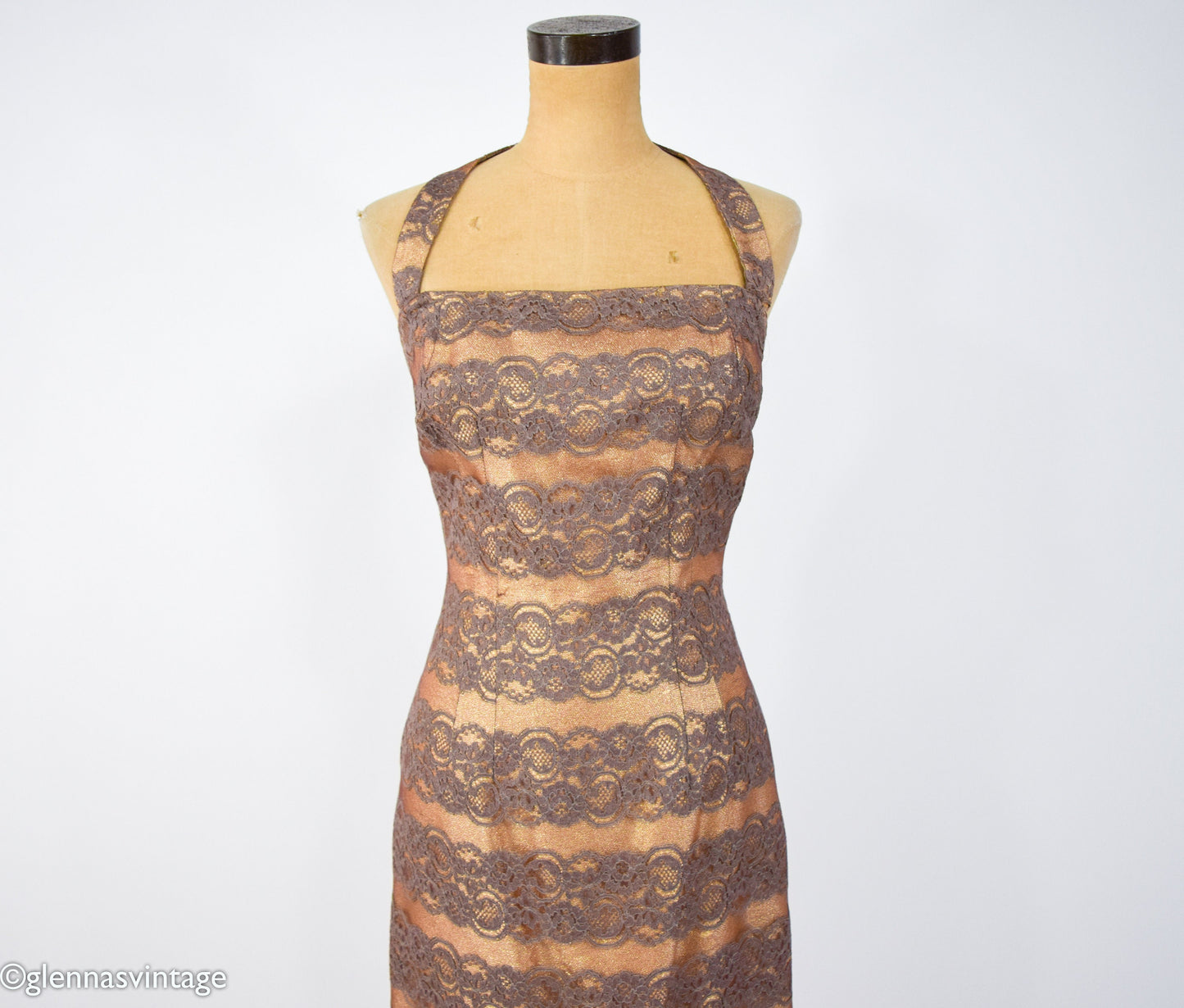 1950s Gold Lame & Brown Lace Sheath, Small