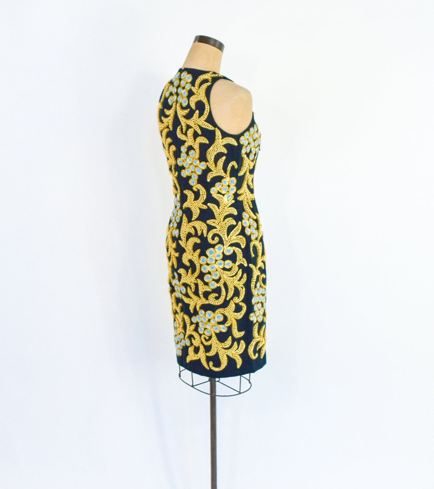 Bill Blass | 1980s Black & Gold Beaded Cocktail Dress | 80s Gold Beaded Black Sheath Dress | Bill Blass | Small