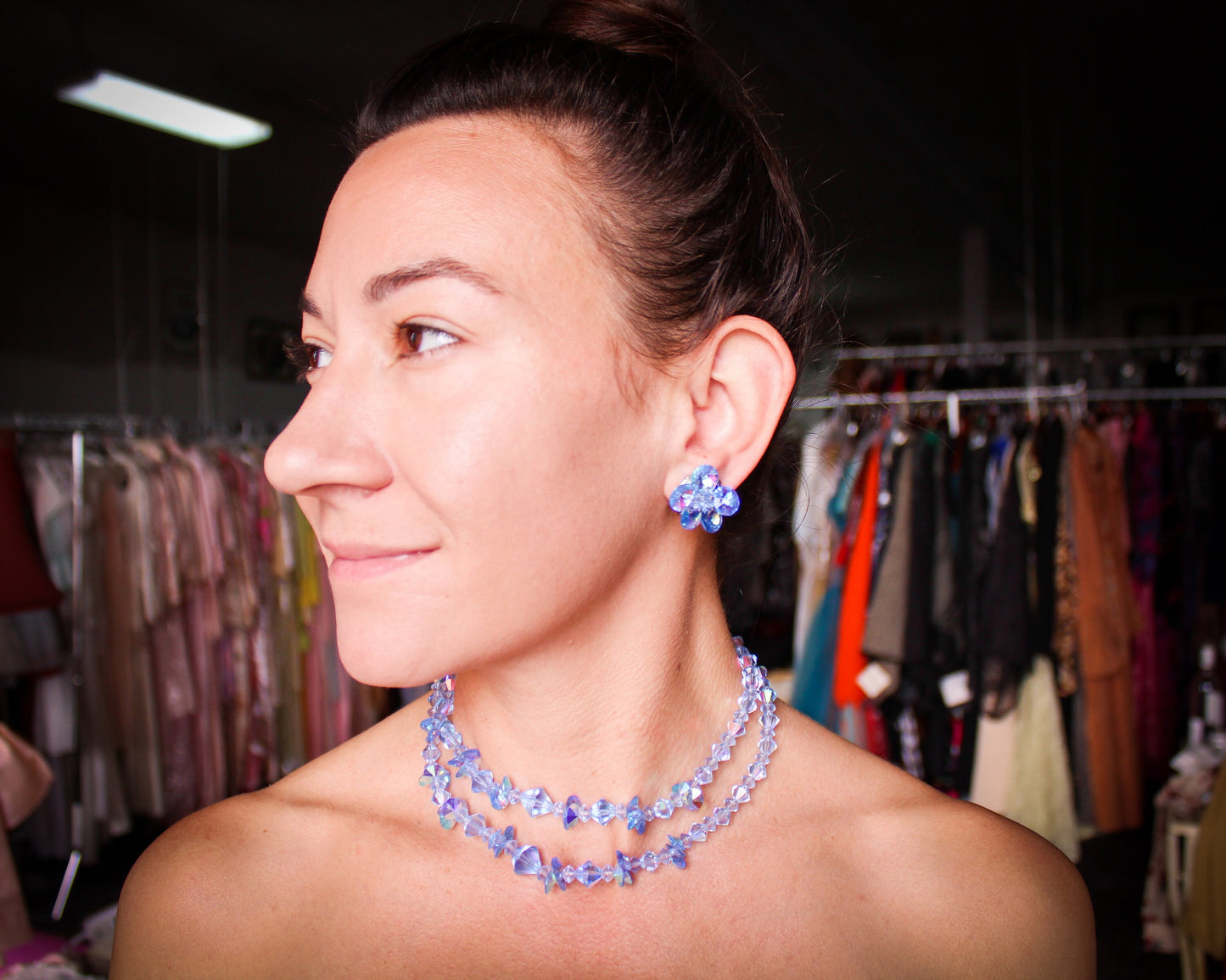 1950s Blue Crystal Necklace Set | 50s Blue Glass Bead Necklace & Clip Earrings