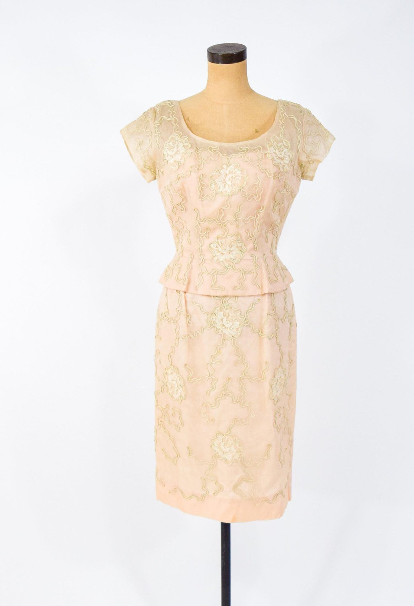 1950s Beige Lace Cocktail Dress,  Medium