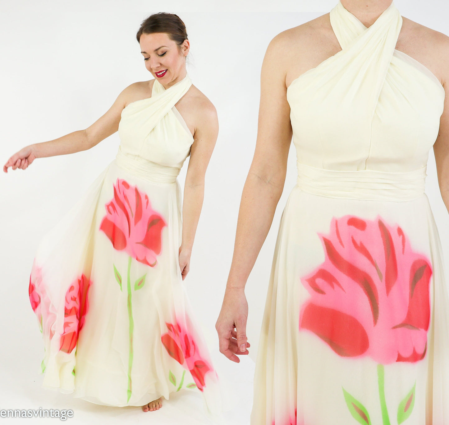 1950s Creme & Pink Silk Floral Evening Dress, Small