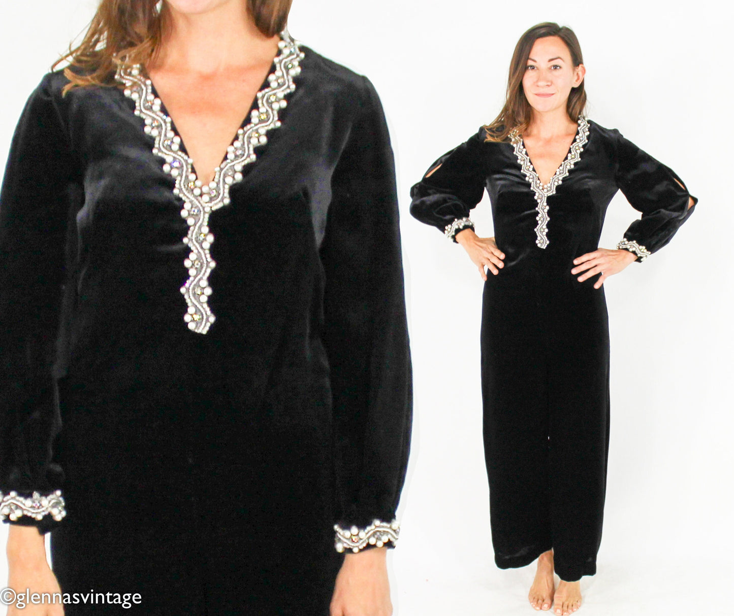 1970s Vintage Black Velvet Jumpsuit with Beaded Trim, Small