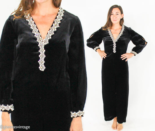 1970s Vintage Black Velvet Jumpsuit with Beaded Trim, Small