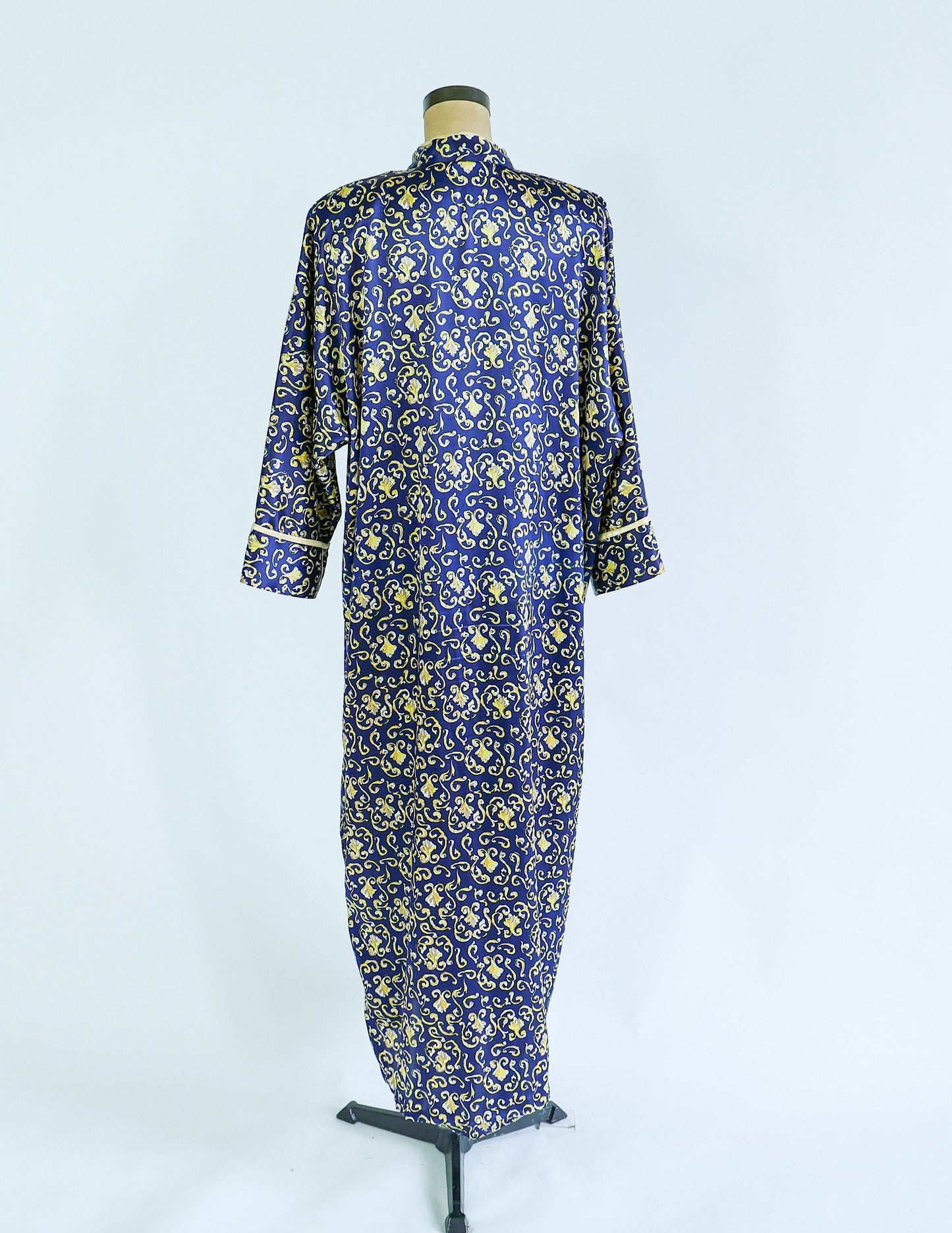 1980s Navy Satin Print Caftan | Mary McFadden | XL