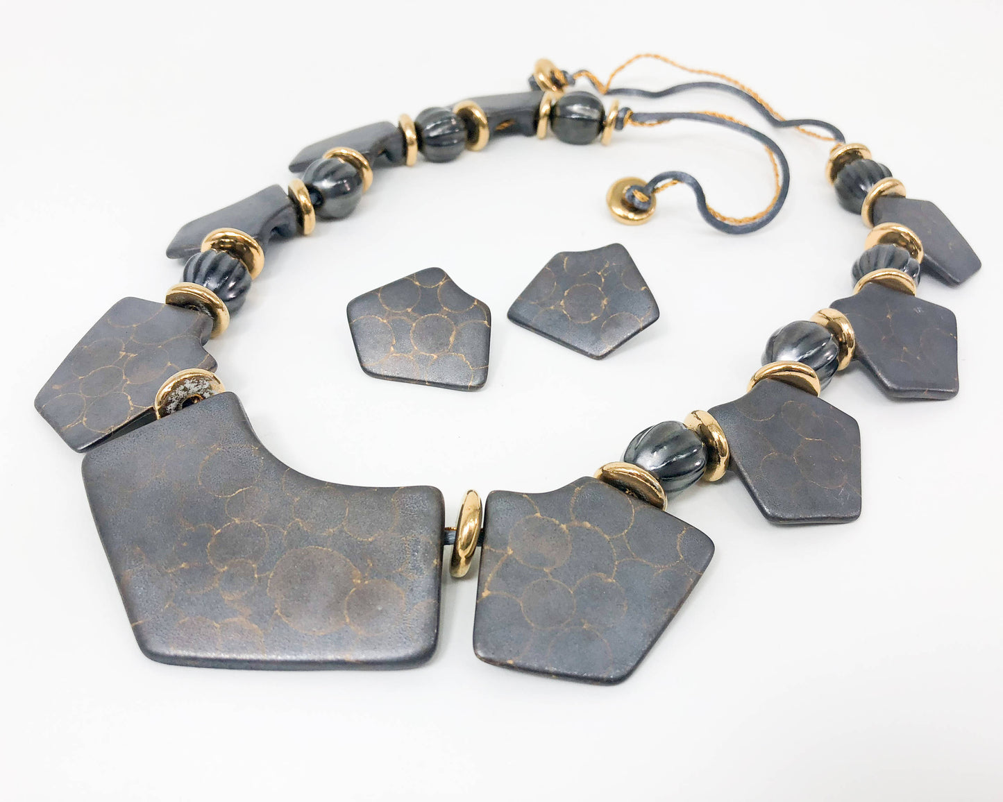 1980s Gray Ceramic Necklace & Earrings Set