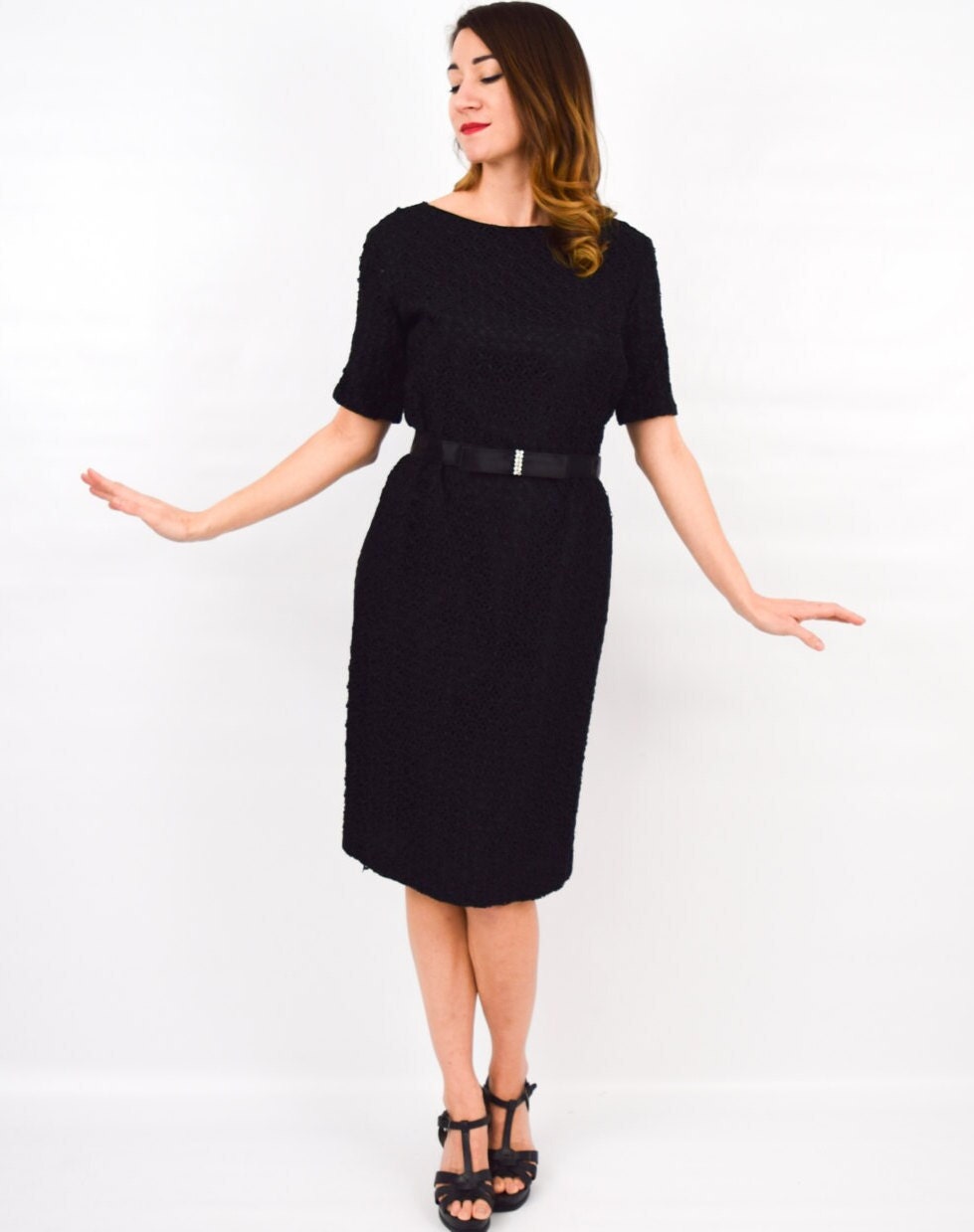 1950s Black Ribbon Lace Dress, Crochet Look, Medium