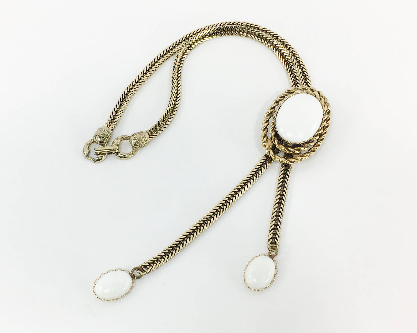 1960s Gold Lariat Necklace | White & Gold Metal Slide