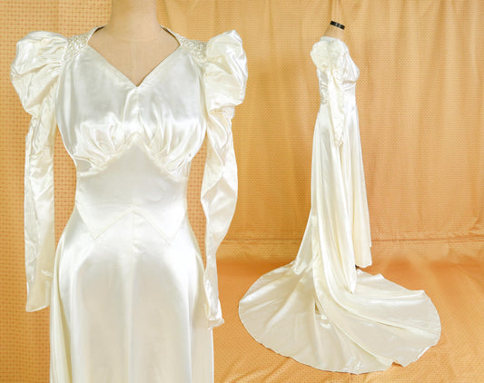 1930s Ivory Satin Long Wedding Dress with Heart Sleeves, Extra Small