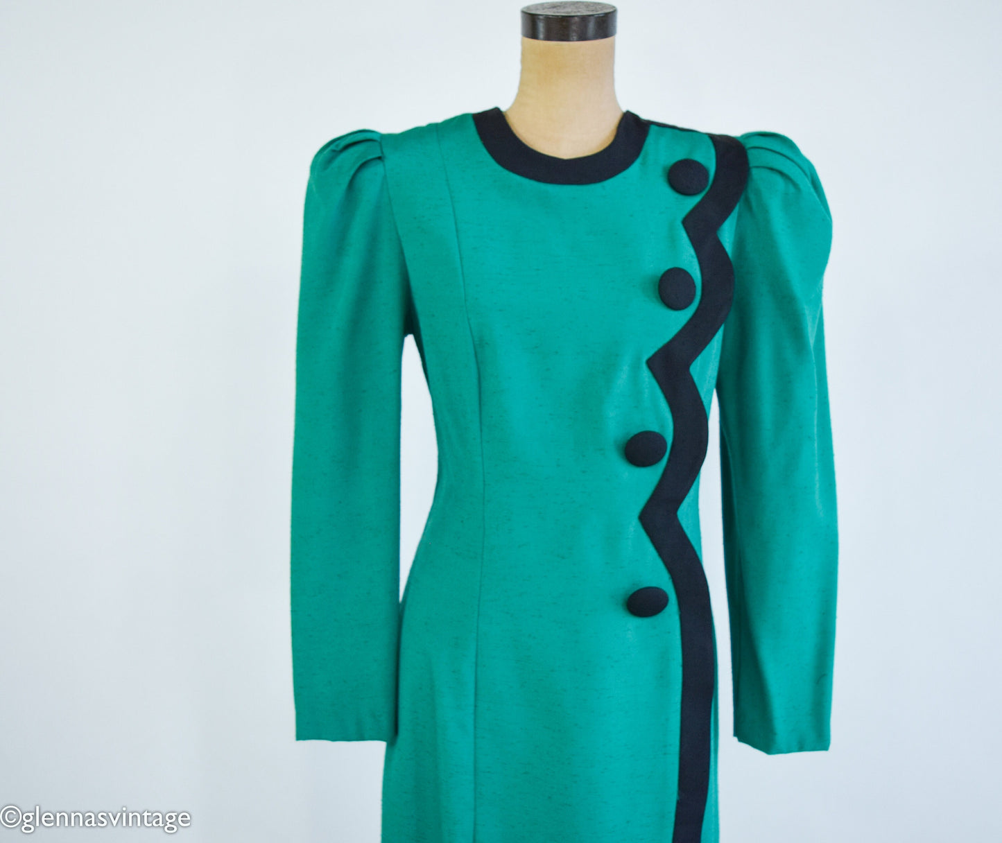 1980s Green Dress with Black Trim, Etoile Collection, Large