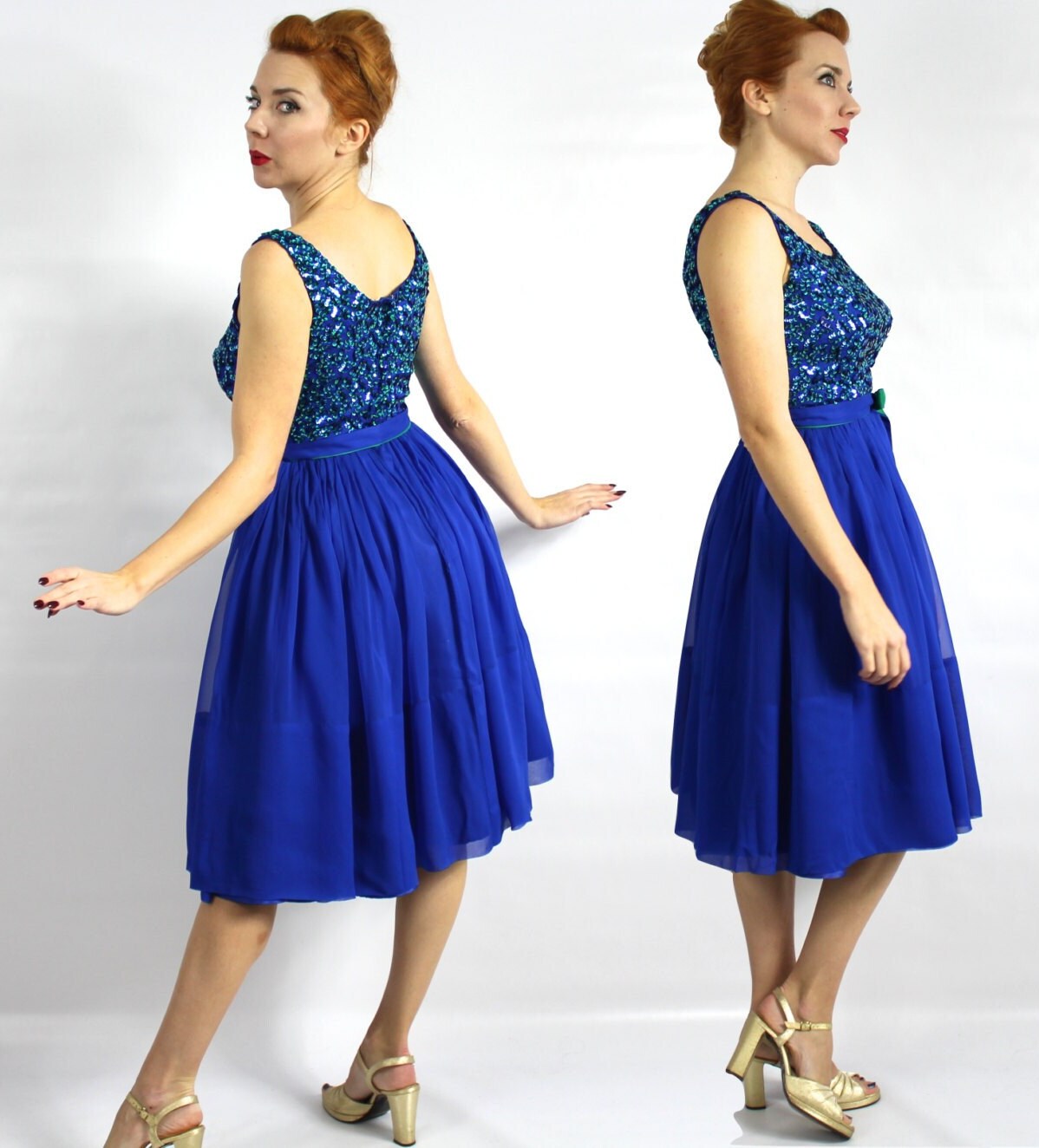 1950s Royal Blue Chiffon Party Dress with Sequin Bodice, Small