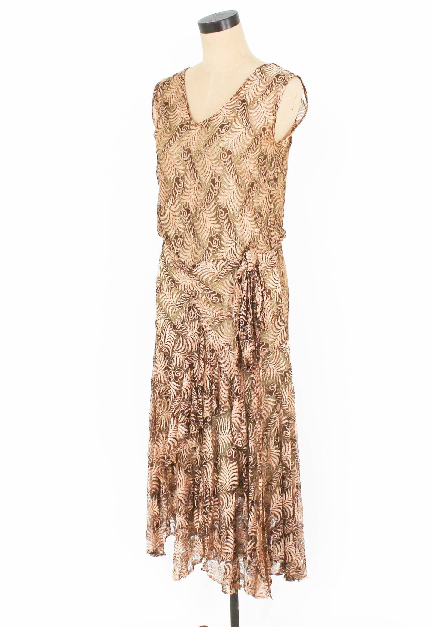 1920s Metallic Gold Lace Evening Dress, Flapper Style, Extra Small