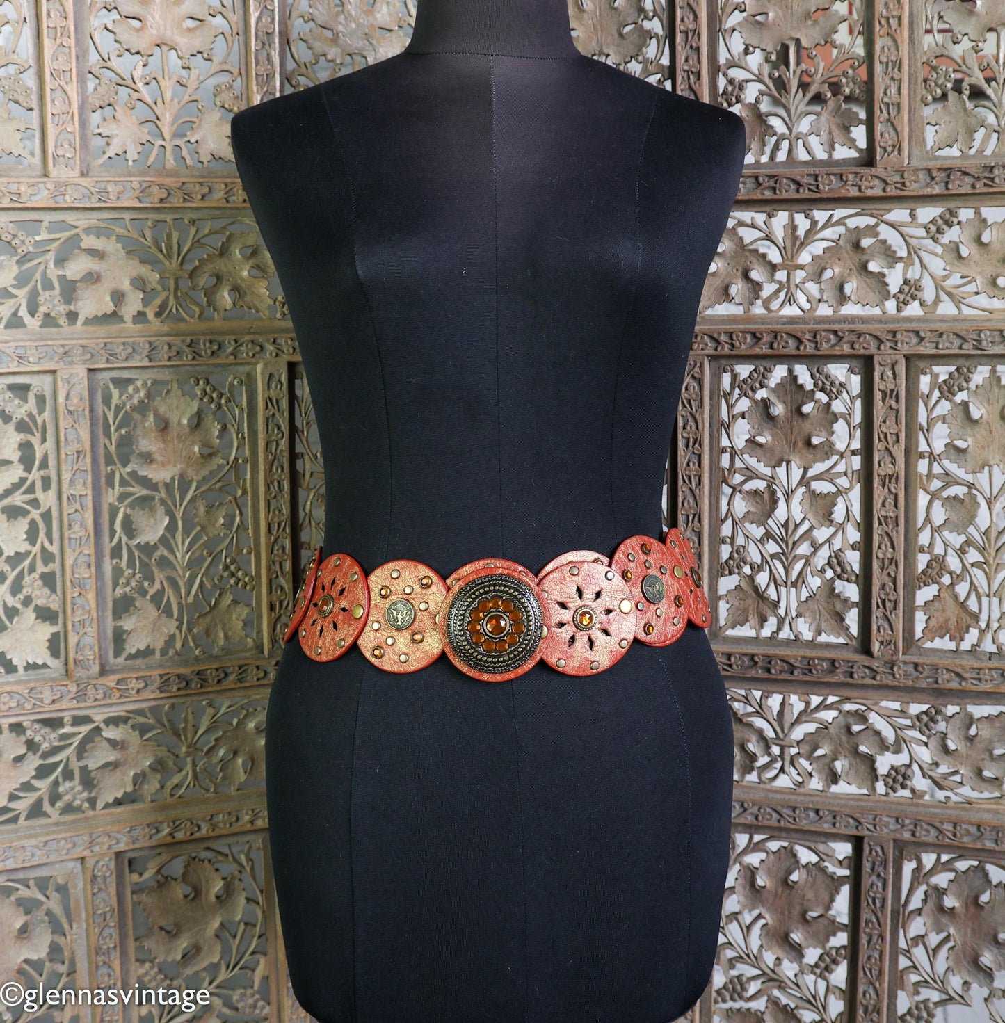 1970s Red & Brown Circles Studded Leather Belt