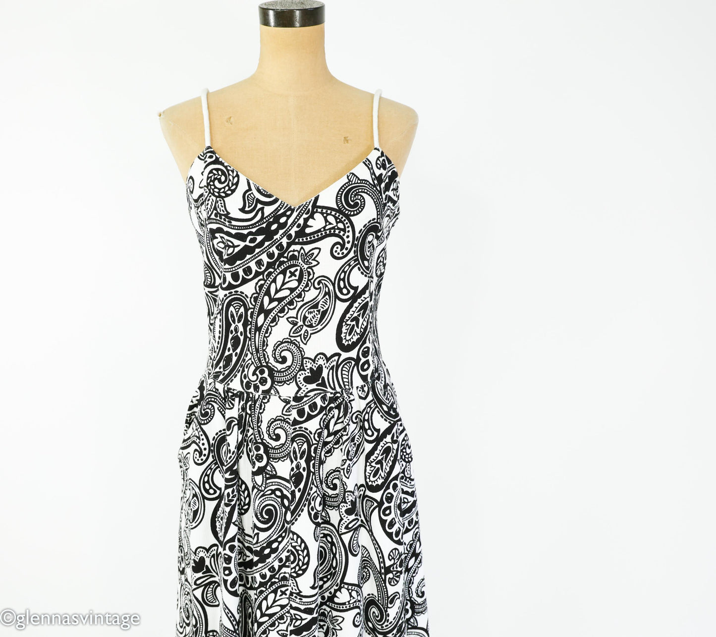 1990s Black & White Paisley Cotton Sundress | Adrienne Vittadini, Medium