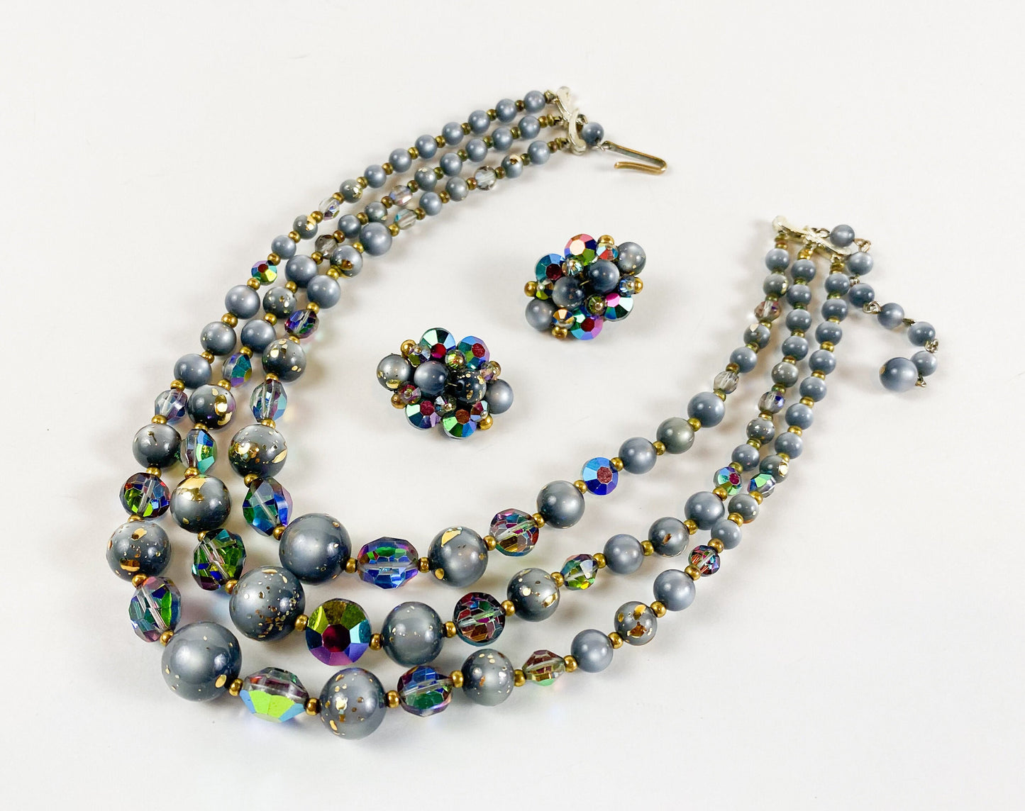 1960s Gray Aurora Borealis Necklace and Clip Earrings Set