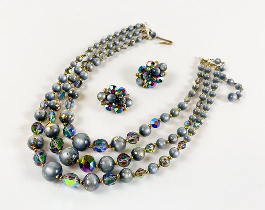 1960s Gray Aurora Borealis Necklace and Clip Earrings Set
