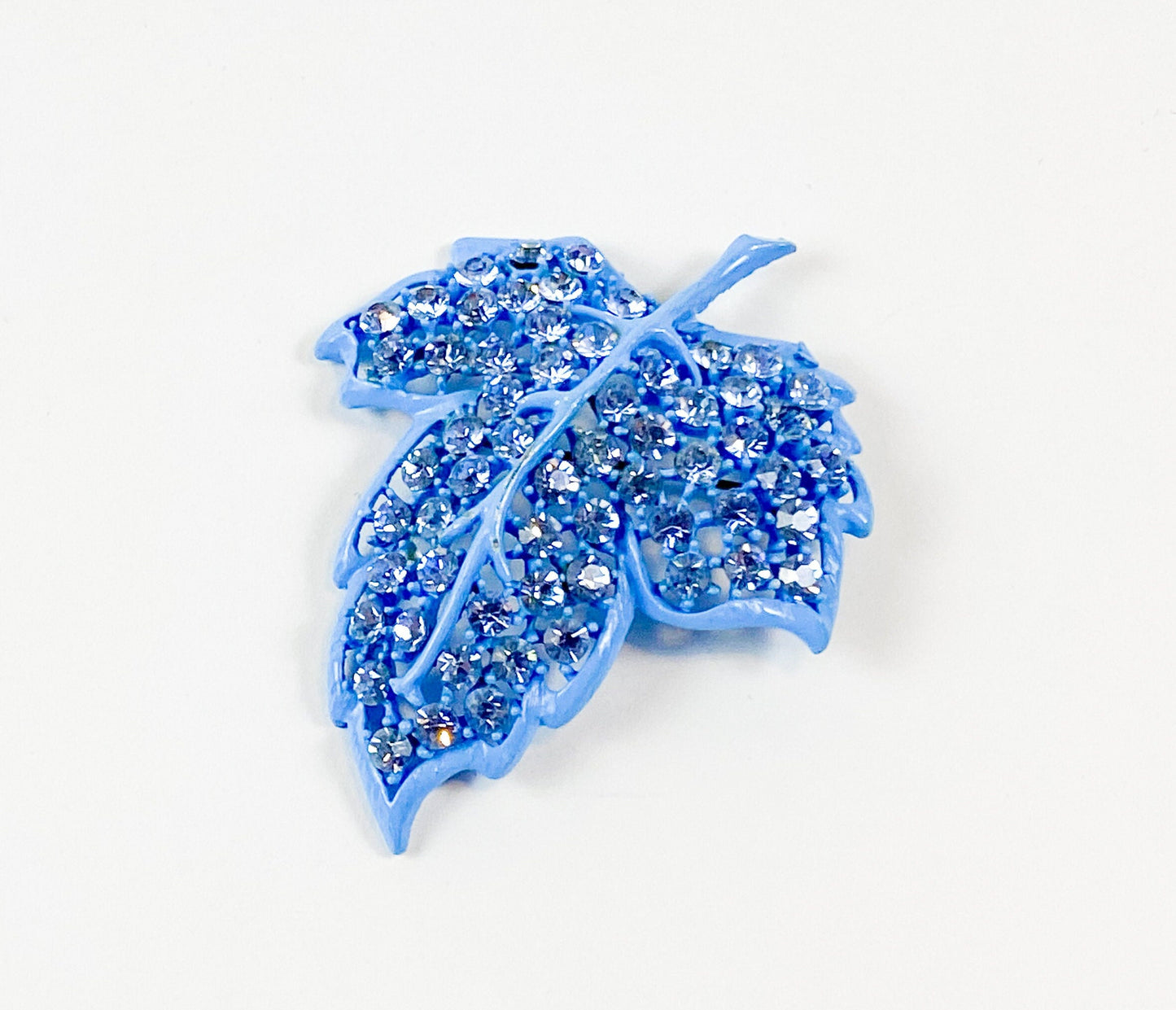 Weiss | 1960s Blue Rhinestone Leaf Brooch | 60s Blue Enamel & Rhinestone Pin | Weiss