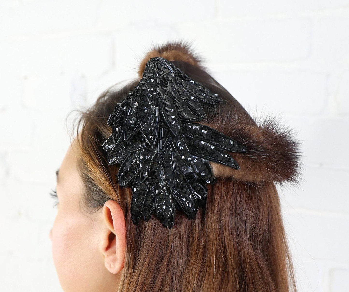 1950s Mink & Black Sequin Fascinator Hat