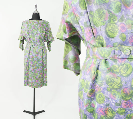 1950s Green Print Watercolor Day Dress, Large