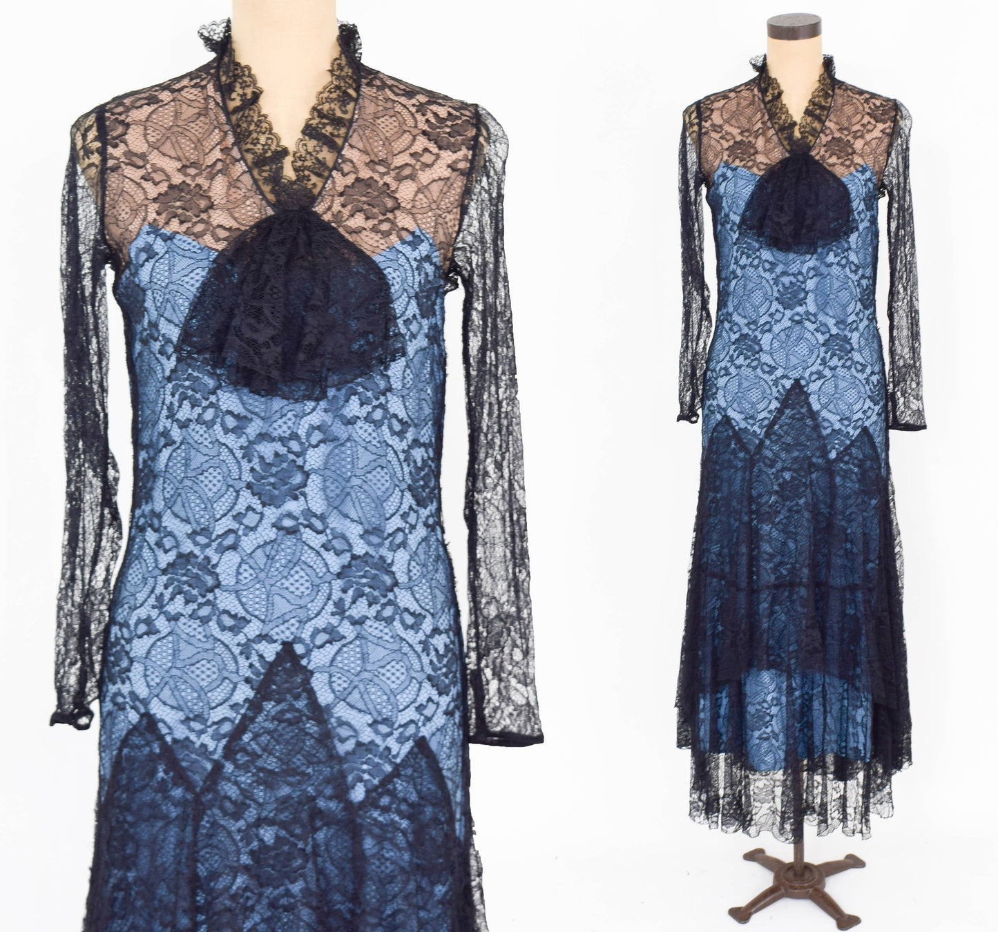 1930s Blue Black Lace Evening Dress, Small