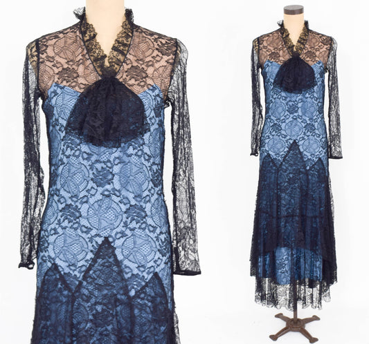 1930s Blue Black Lace Evening Dress, Small