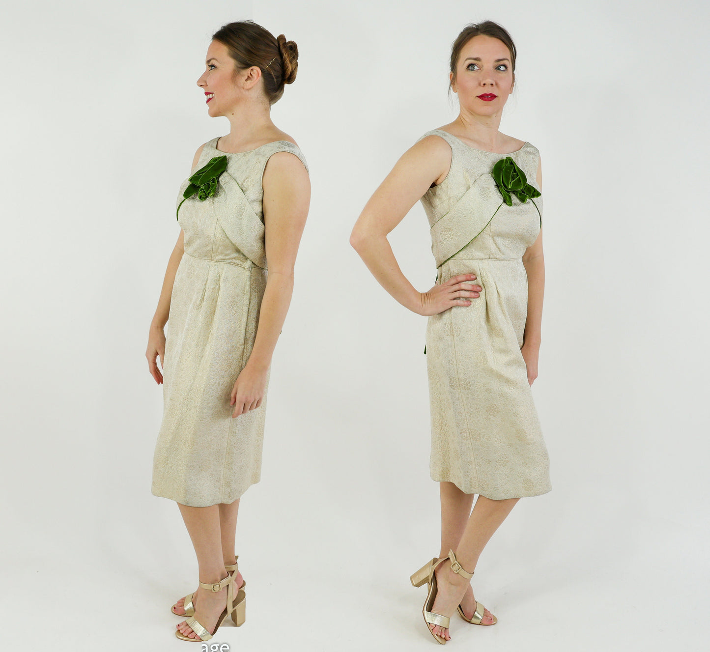 1950s Vintage Brocade Cocktail Dress with Green Velvet Rhinestone Shawl | Medium