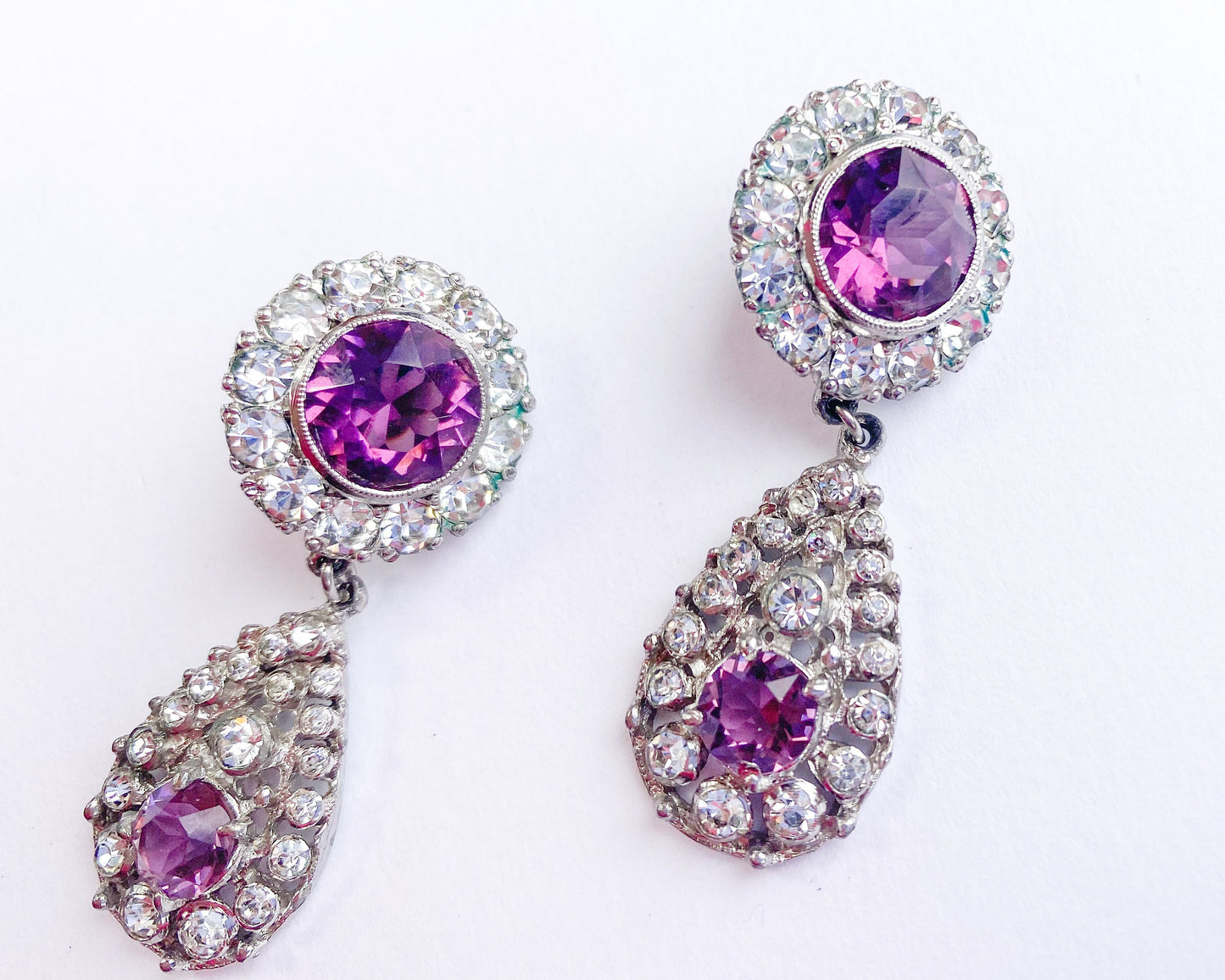 1960s Purple Rhinestone Dangle Earrings | 60s Purple & Rhinestone Drop Earrings