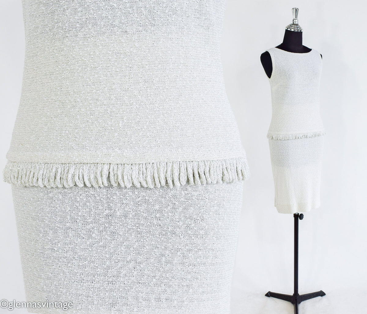 1960s White Knit Skirt Set | Metallic Twiggy Style, Small