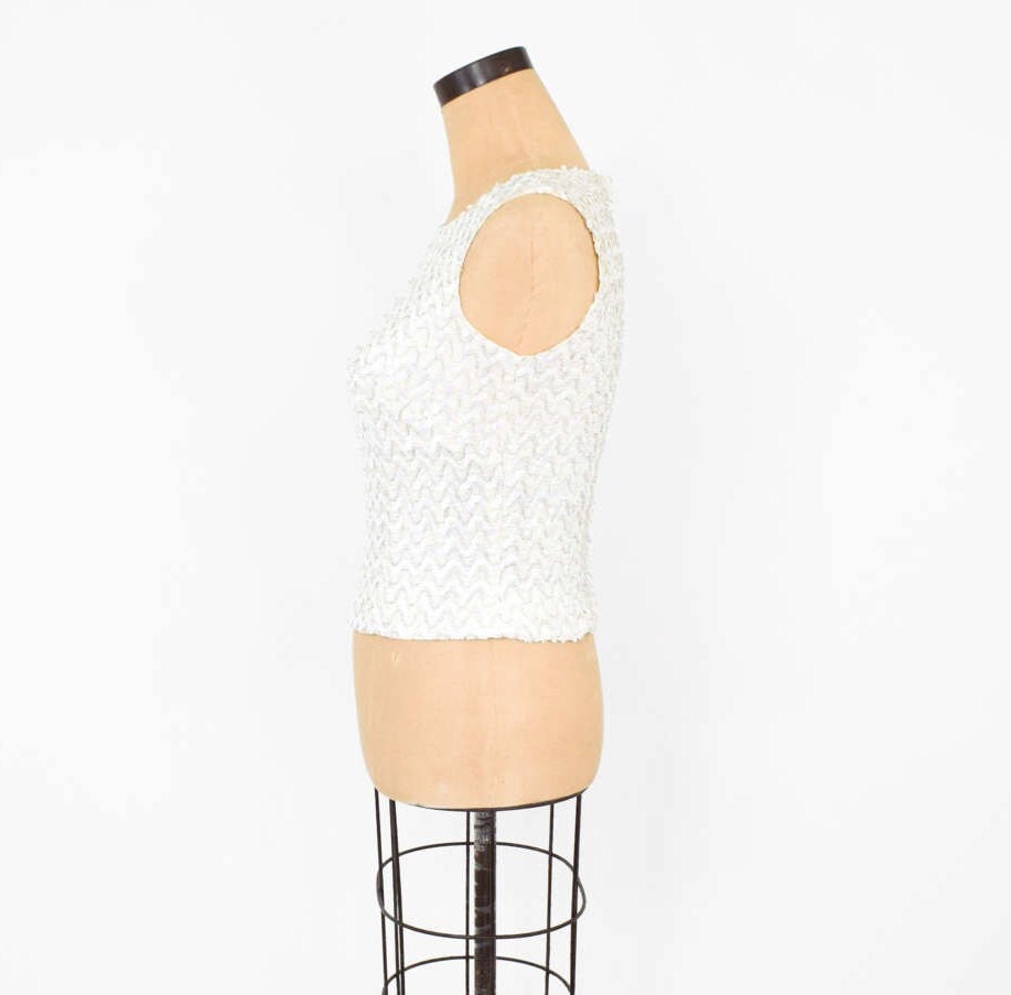 1950s White & Silver Sequin Top | 50s White Sleeveless Sequin Knit Top | Small