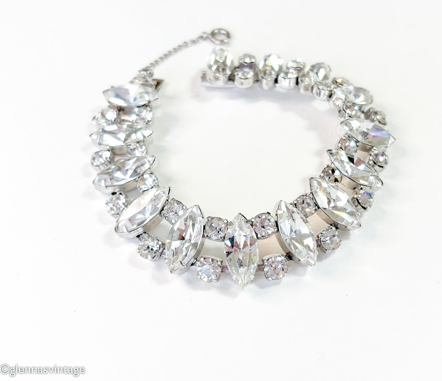 1960s Rhinestone & Silver Bracelet with Navette Crystals
