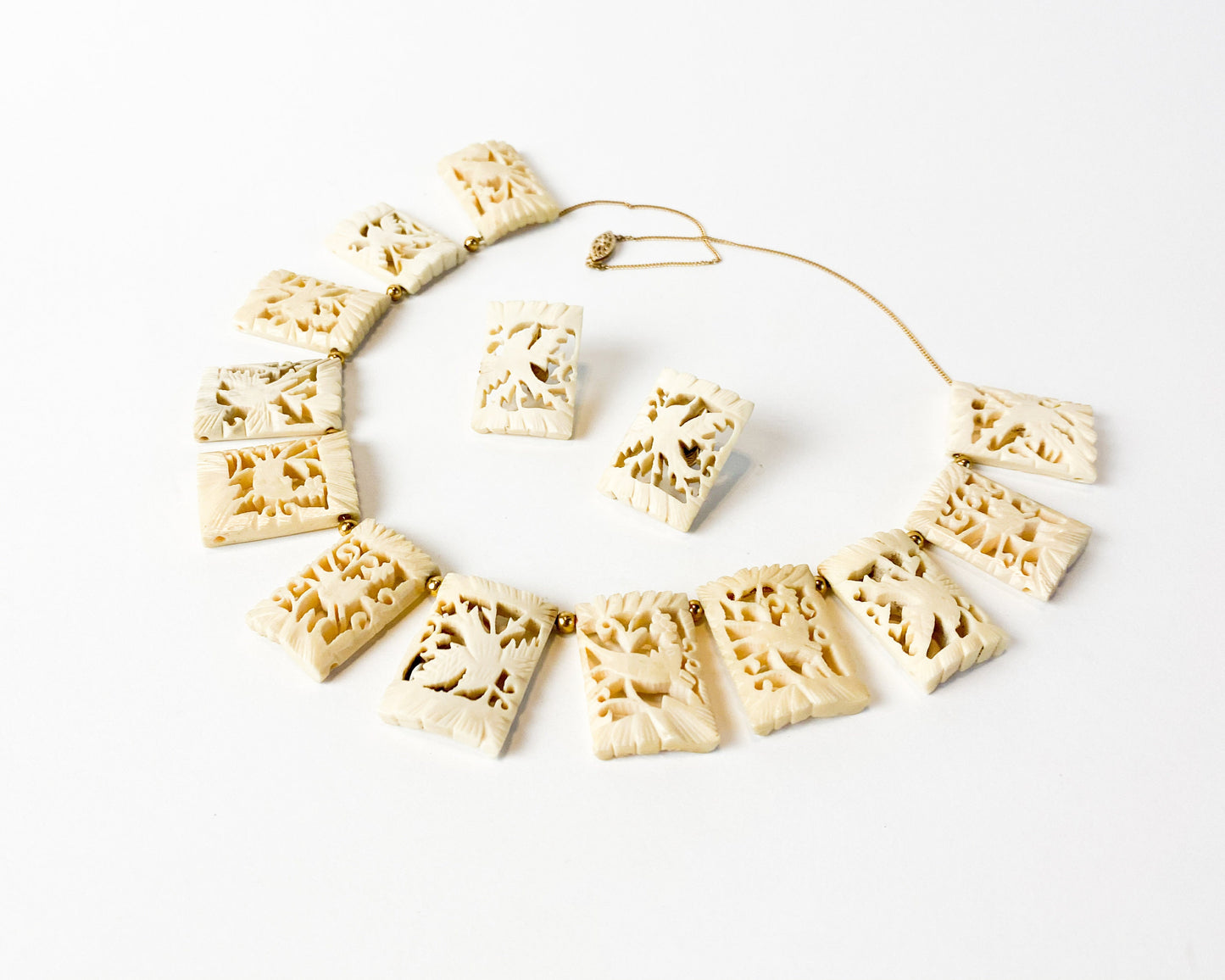 1950s Carved Bone Bird Necklace and Earrings Set