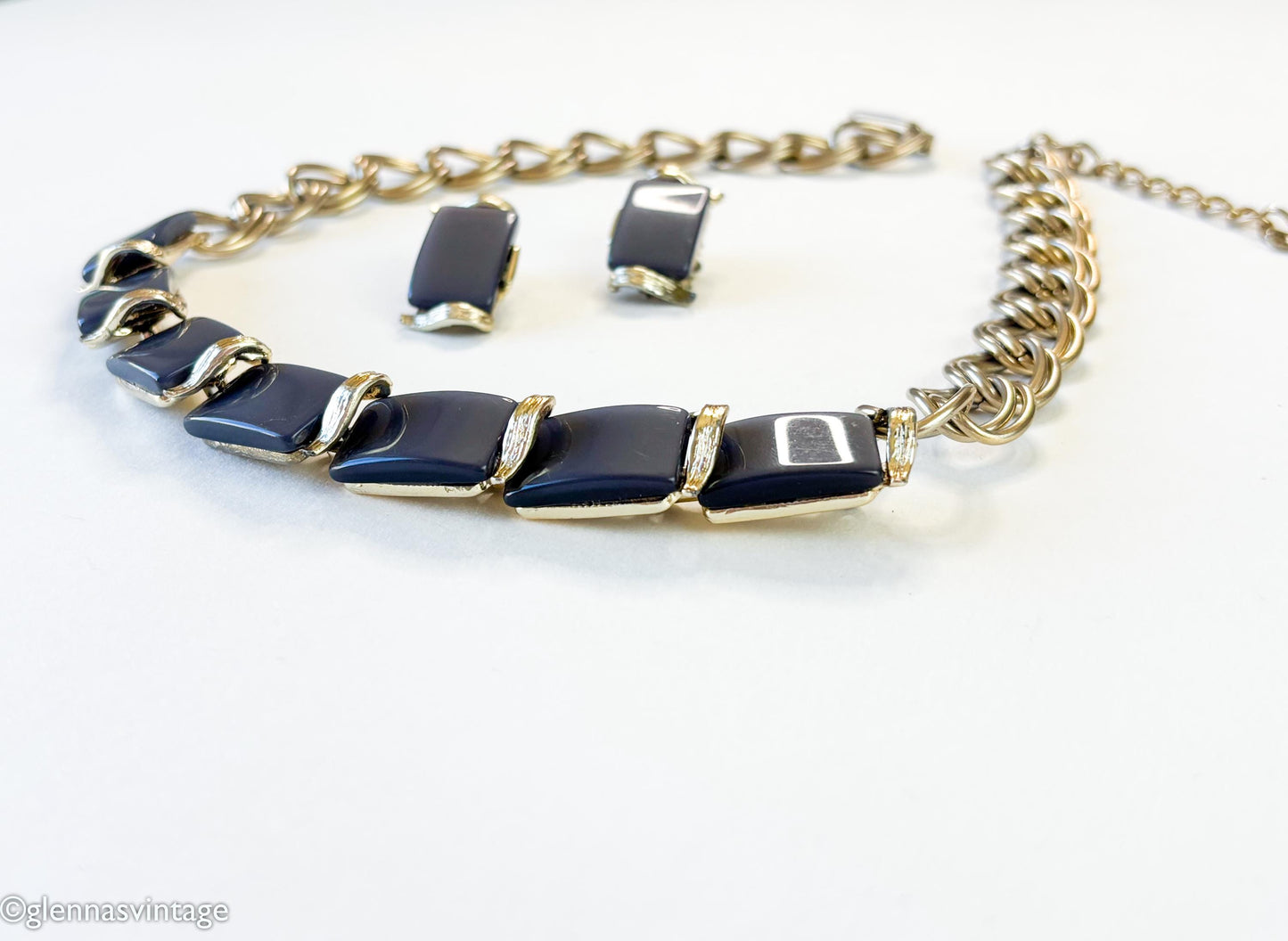 1960s Gray Lucite Necklace & Clip Earring Set | Gold Chain