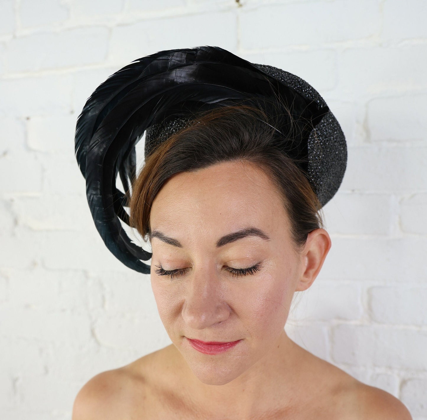 1950s Black Feather Fascinator, Woven Raffia Hat With Feathers