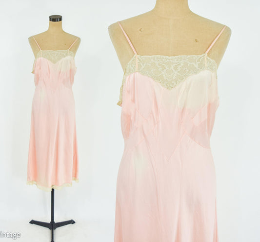 1940s Pink Silk & Lave Slip, Large