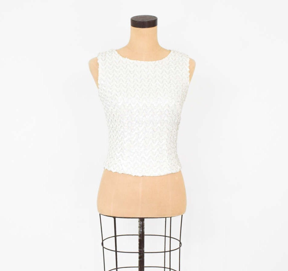 1950s White & Silver Sequin Top | 50s White Sleeveless Sequin Knit Top | Small