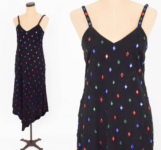 1980s Beaded Black Suede Leather Slip Dress, Medium