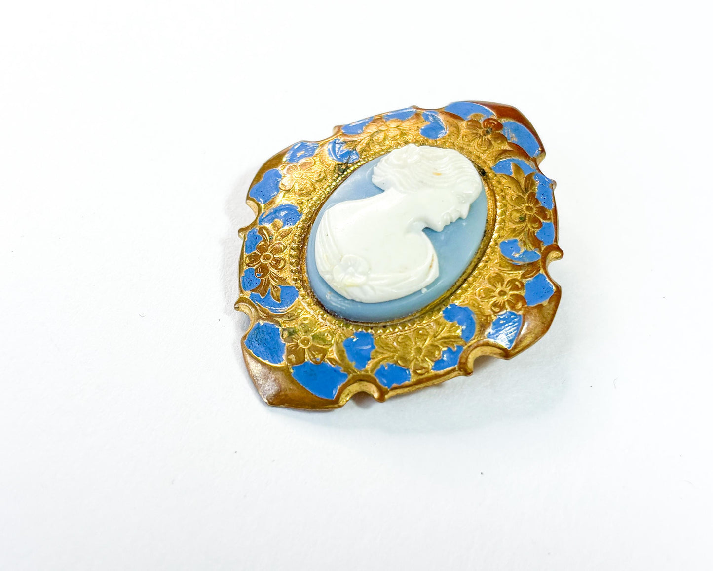 1930s White Blue Vintage Cameo with Brass & Enamel Frame