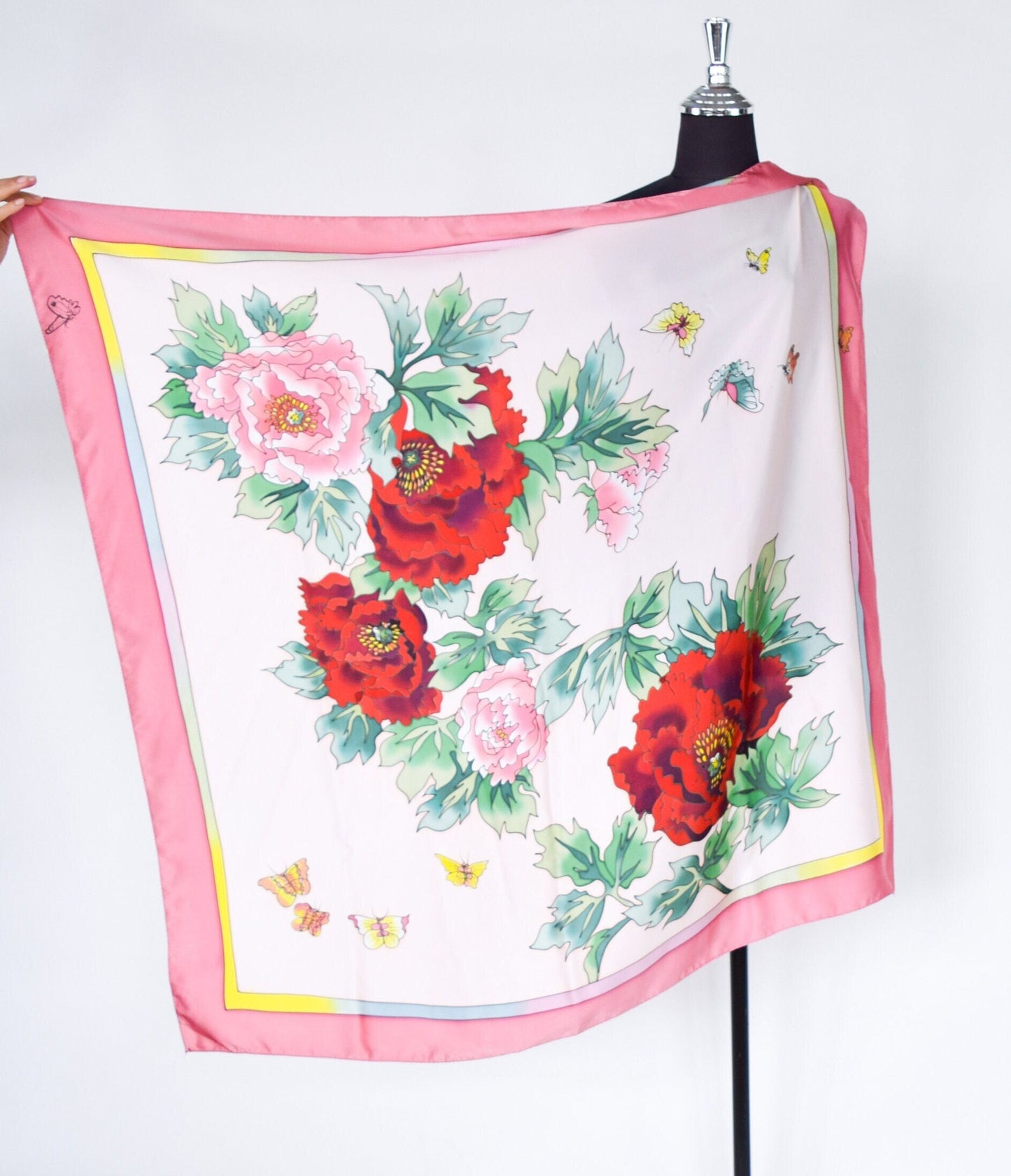 1980s Red Pink Floral Print Silk Scarf, Peony Flowers