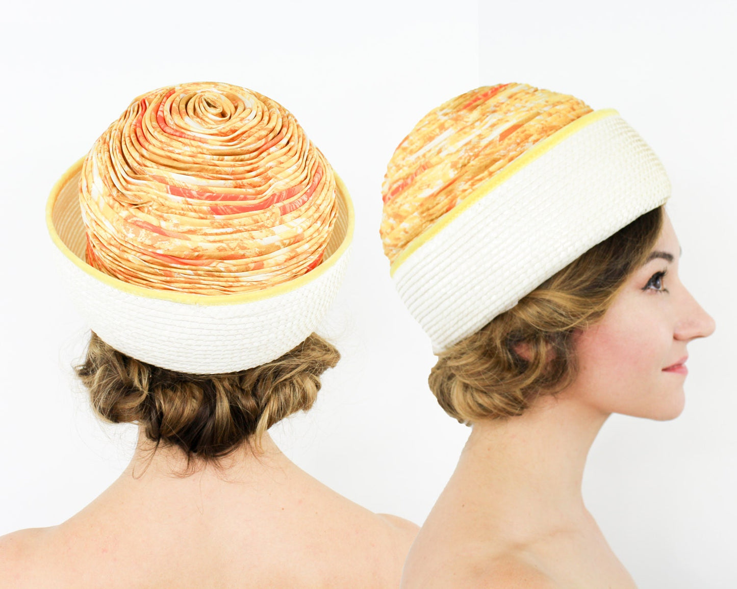 1960s Orange & White Silk Turban Hat