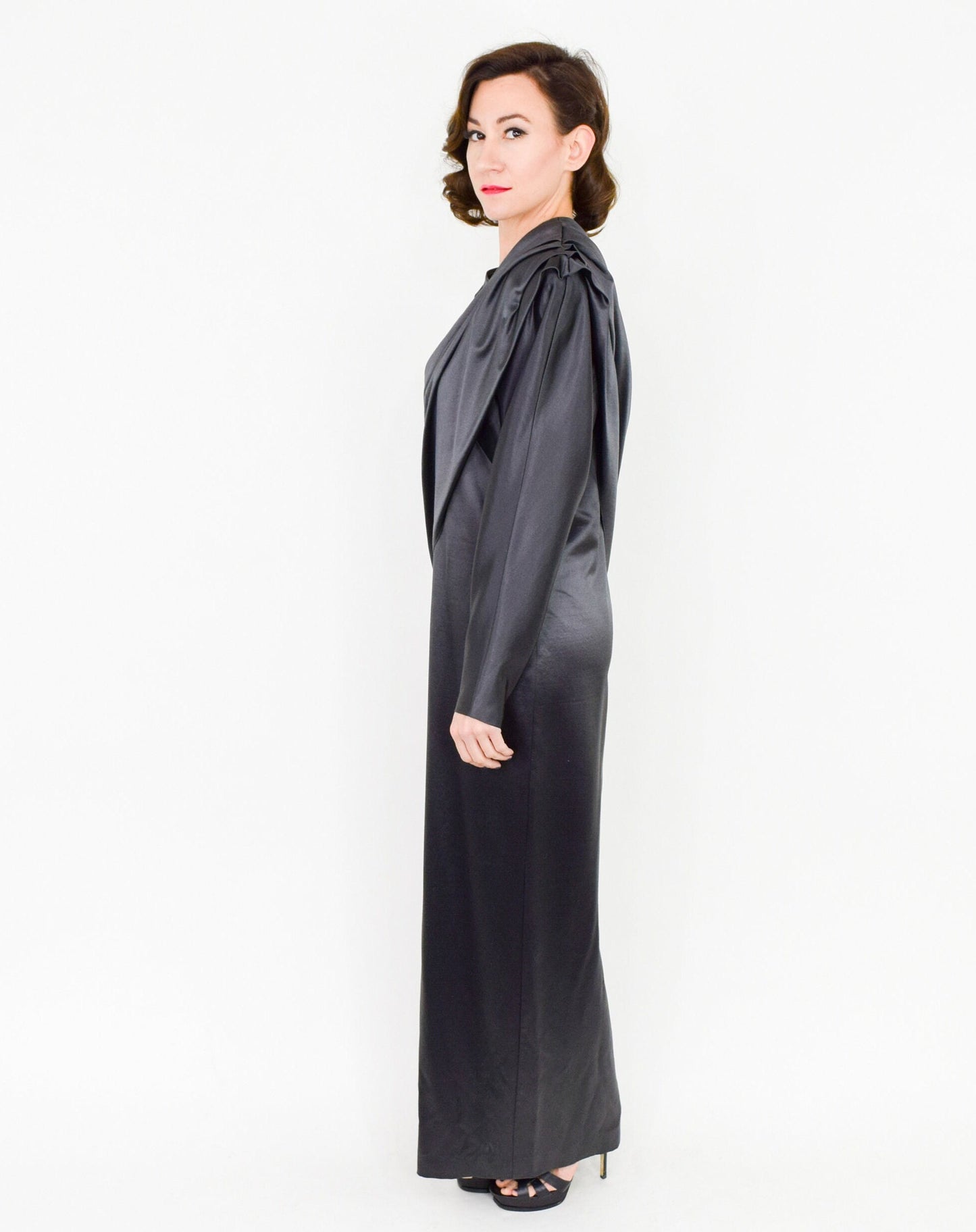 1990s Krizia Charcoal Gray Satin Evening Gown, Large
