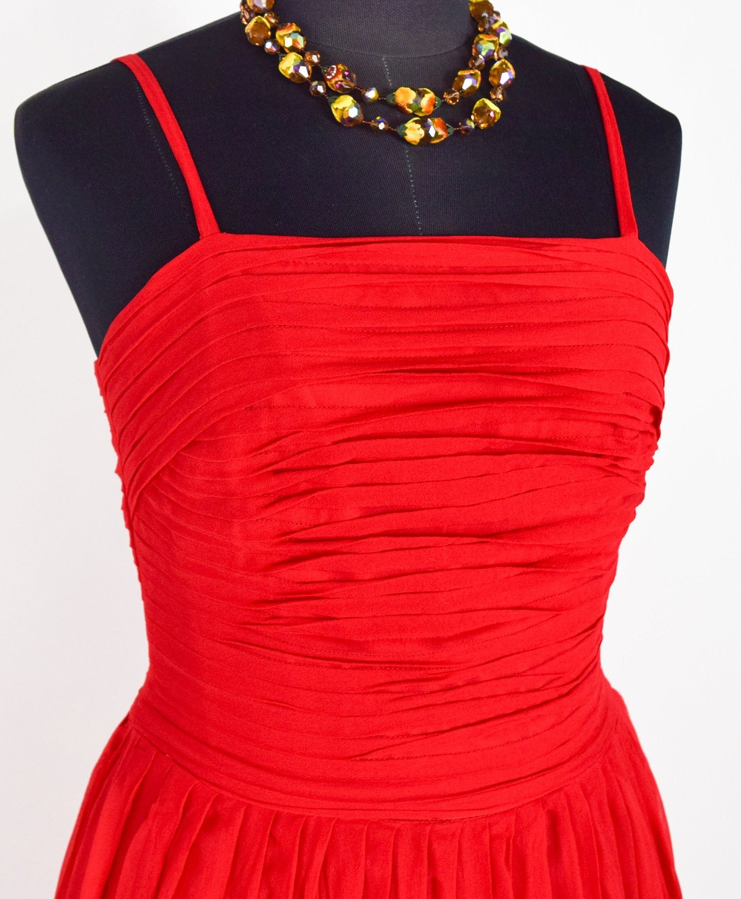 1950s Red Chiffon Party Dress with Pleated Bodice, Extra Small