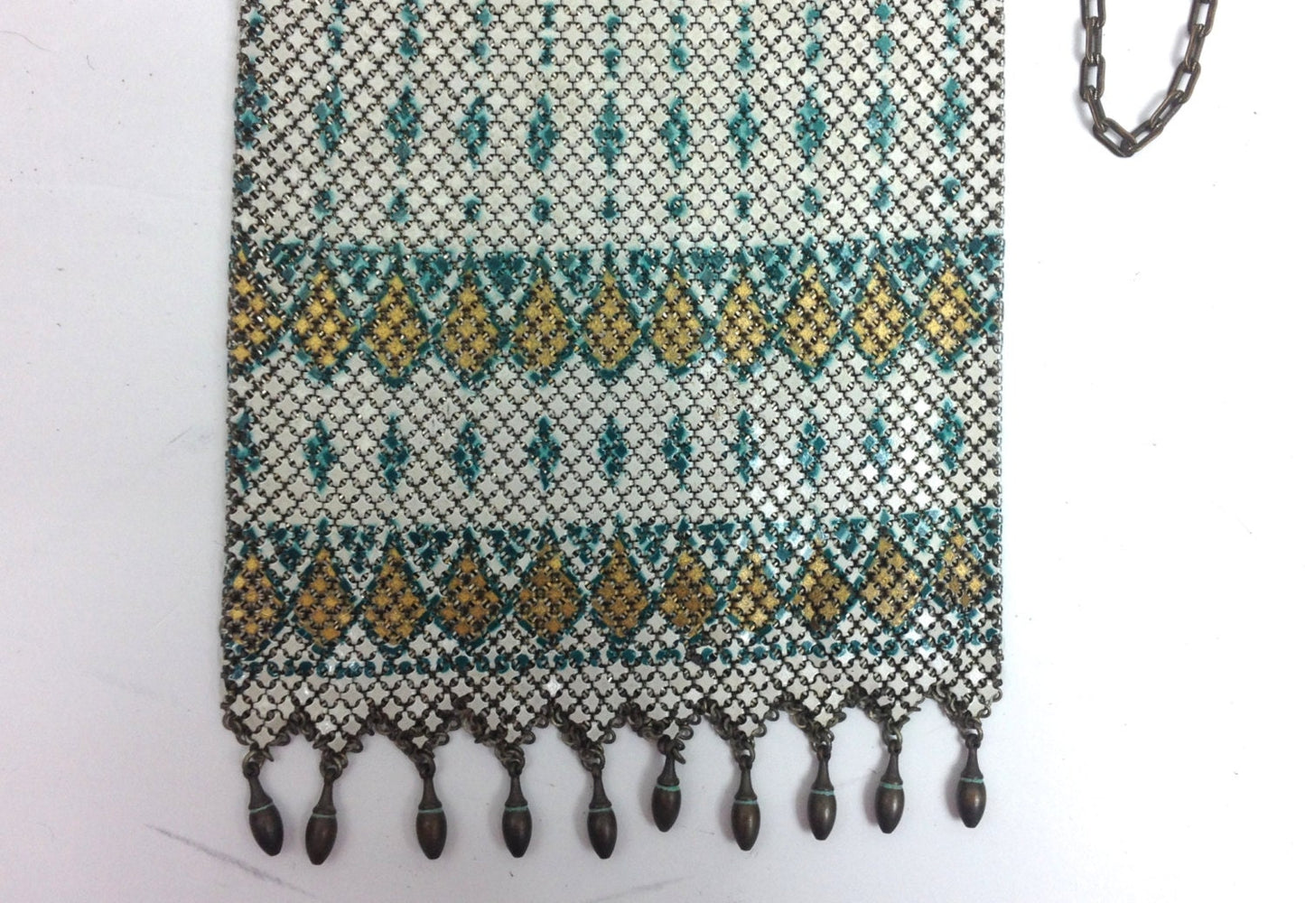 1900s Enamel Mesh Evening Bag | Vintage White, Green & Gold Purse